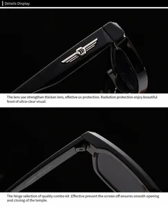 Detail showing golden wing logo and specifications on black square sunglasses frame
