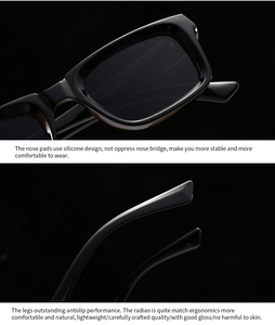 Detail of ergonomic nose pads and anti-slip temples on glossy black square sunglasses