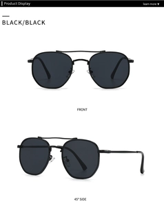 Front and side view of vintage round black sunglasses with a metal double bridge frame