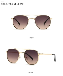 Detailed view of round metal sunglasses with double bridge and gold tea yellow lenses