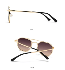 Detailed side and back views of gold round metal retro sunglasses with gradient brown lenses