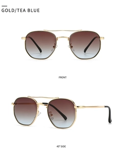 Detailed front and 45-degree side view of gold frame sunglasses with tea-blue gradient lenses