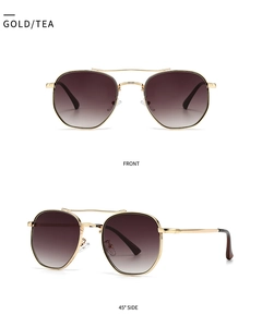 Detailed front and side view of gold metal aviator sunglasses with tea gradient lenses