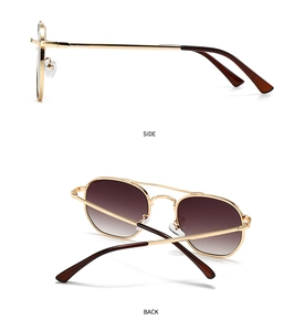 Side and back views of gold metal round sunglasses with brown gradient lenses