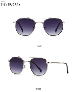 Front and 45-degree side views of silver metal aviator sunglasses with gray gradient lenses