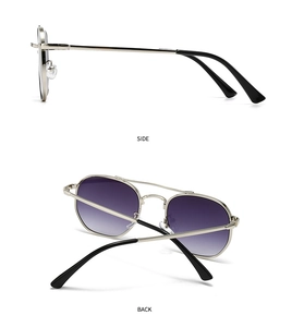 Detail showing side and back views of silver metal sunglasses with purple gradient lenses