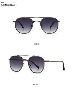 Front and 45-degree side views of gunmetal round sunglasses with gray gradient lenses