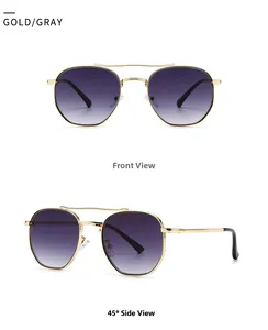 Detailed front and 45-degree side views of gold metal round sunglasses with gray lenses