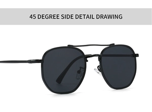 Detailed 45-degree side view of black metal round sunglasses with a double bridge design