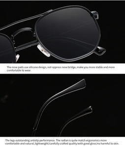 Detail of ergonomic silicone nose pads and anti-slip temples on round sunglasses