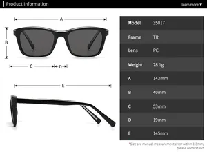 Detailed size chart and specifications for the retro rock sunglasses model 35017