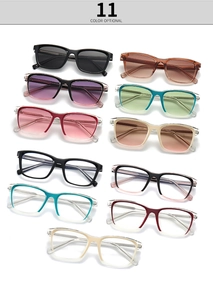 Flat lay display of 11 color options for modern square full-rim retro sunglasses