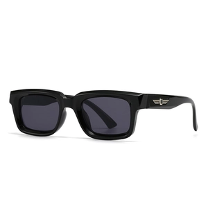 Classic black rectangular sunglasses with decorative metal wing accents on the temples
