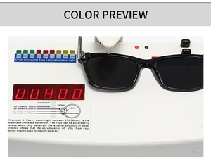 Detail of black rectangle sunglasses undergoing UV400 protection test on a digital device