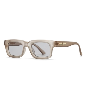 Translucent grey rectangle sunglasses with gold wing logos on matte temples