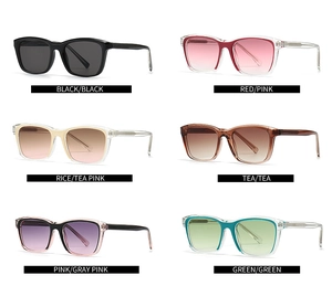 Six colors of rectangle sunglasses including black, red, pink, tea, and green gradients