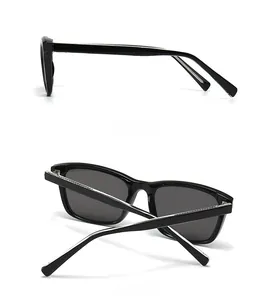 Detail view of black square frame sunglasses with side and back folding display