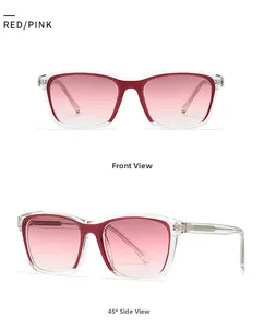 Front and 45-degree side views of retro dual-tone red and transparent sunglasses