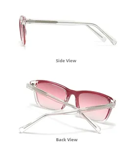 Detailed side and back view of gradient pink sunglasses with silver textured temples