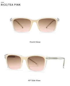 Front and side view of square transparent frame sunglasses with tea pink gradient lenses