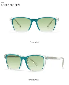 Close-up of green rectangular trendy sunglasses with transparent resin frame and tinted lenses