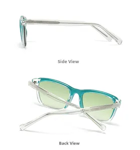 Side and back view of retro blue translucent sunglasses with metal core temples