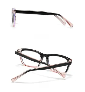 Side and back view of retro full-rim sunglasses in black and translucent pink frame