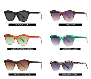 Variation display of cat eye sunglasses showing six different colors and gradient lenses