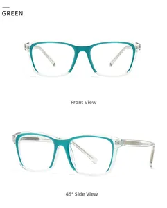 Detail view of transparent glasses frames with green inner accents and metal core hinges