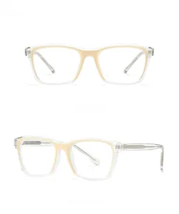 Front and 45-degree views of square transparent sunglasses with beige inner frame inserts