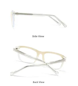 Side and back view of champagne square frames with silver metal detailing on the temples