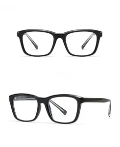 Front and 45-degree angle views of black rectangular full-rim sunglasses with metal hinges