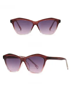 Front and side view of cat-eye geometric sunglasses with tea frames and gray lenses