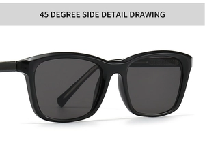 Detailed 45-degree side view of black square sunglasses with durable hinges