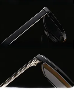 Detail view of reinforced metal hinges and UV protective lenses on black sunglasses