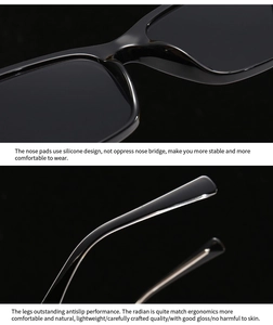 Detail of ergonomic anti-slip temples and comfortable nose pads on black rectangle sunglasses
