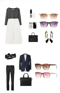 Flat lay of modern sunglasses styled with business casual outfits and leather bags