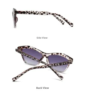 Detail view of tortoiseshell cat-eye sunglasses with purple gradient lenses side and back