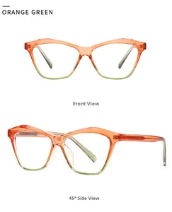 Detailed views of orange and green gradient cat-eye sunglasses from front and side angles