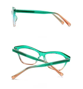 Detailed side and back view of trendy cat-eye sunglasses with green to orange gradient
