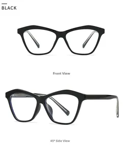 Front and 45-degree angle views of vintage black cat-eye diamond-shaped sunglasses