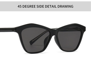 Close-up of modern cat-eye sunglasses featuring a 45-degree side view of the black frame