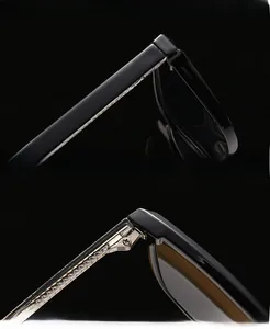 Detail view of reinforced hinges and UV protection lenses on black cat-eye sunglasses