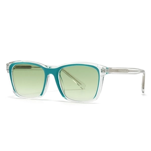 Modern square teal and clear frame sunglasses with green gradient lenses for women
