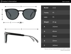 Detailed size chart for retro round sunglasses showing frame dimensions and specifications