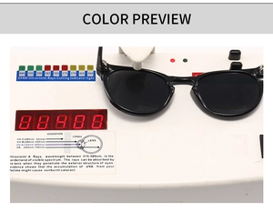 Functional test showing black sunglasses UV400 protection performance on a testing device