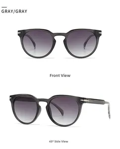 Detailed front and 45-degree views of round grey sunglasses with silver arrow accents