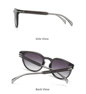 Detail view of anti-blue light round sunglasses with grey gradient lenses and silver accents