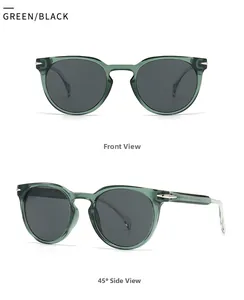 Close-up of green translucent round frame sunglasses with silver metal hinges