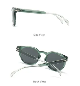 Detail view of dark green acetate sunglasses with silver hinges and grey lenses
